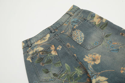 Froral Print Wide-Leg Straight Denim Jeans WN11110