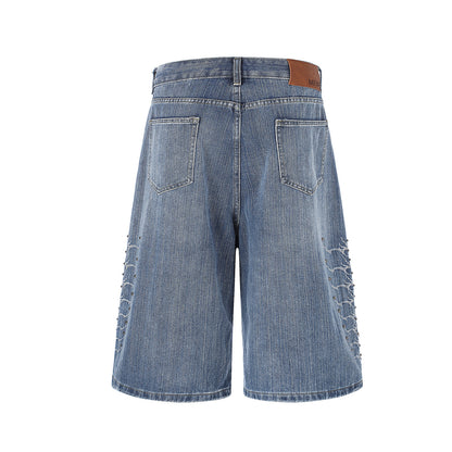 Embroidery Bead Wide Leg Short Denim Pants WN25628