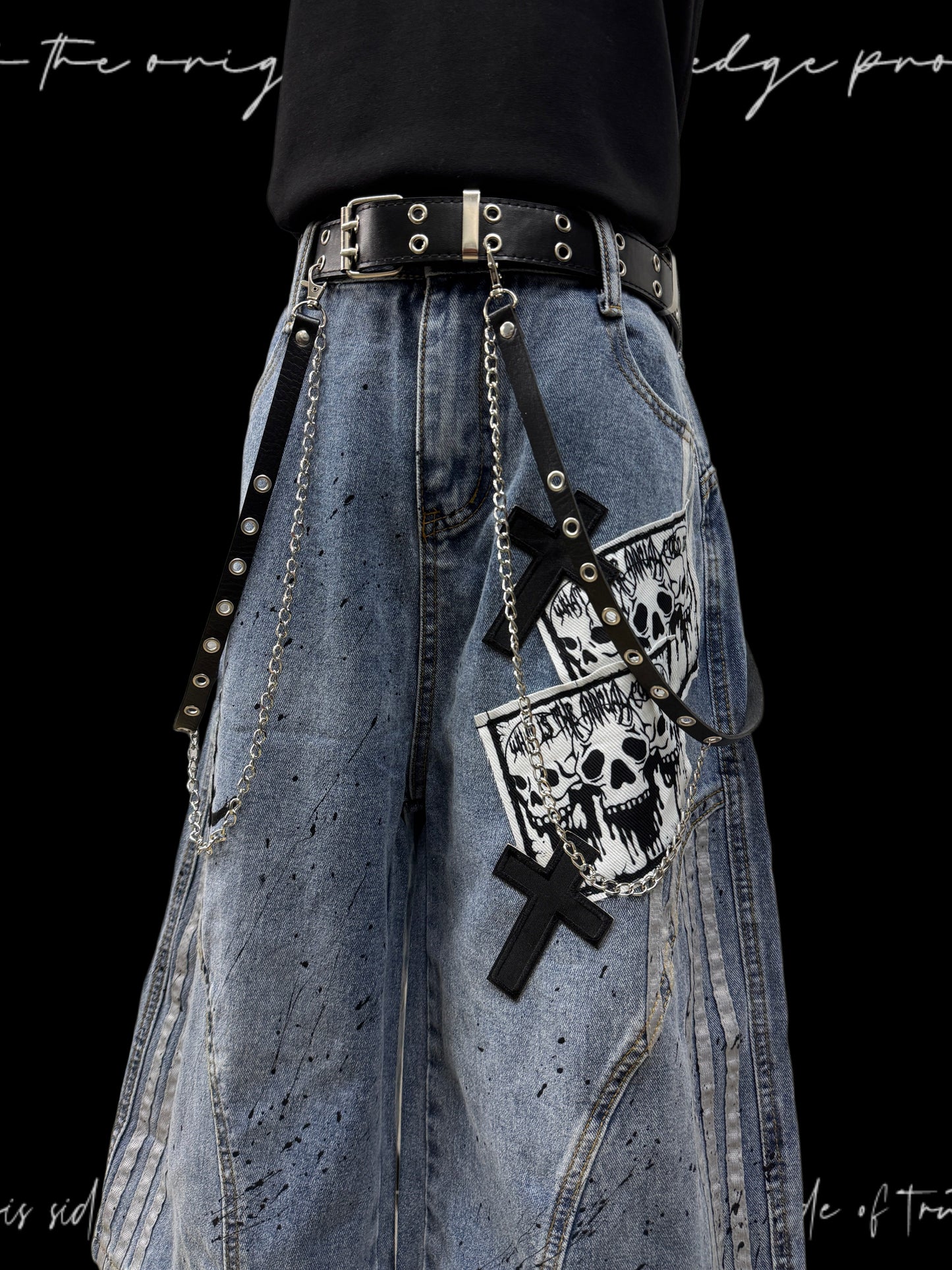 Cropped Paint Stripe Patch Wide Leg Denim Jeans & Skull Belt & Cross Belt & Belt Chain WN23833