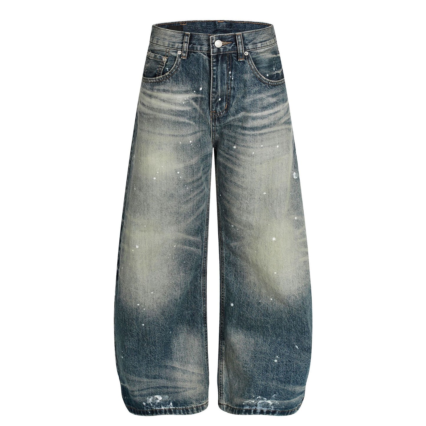 Washed Whisker Paint Splatter Curved Denim Jeans WN26141