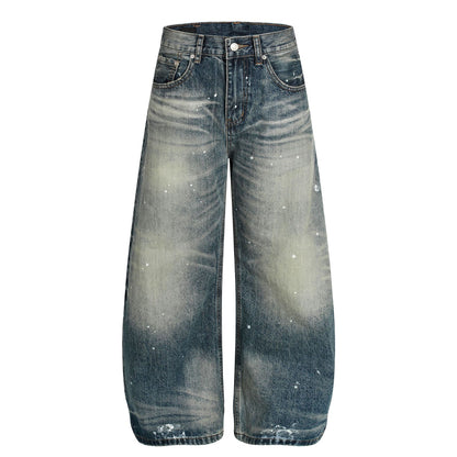 Washed Whisker Paint Splatter Curved Denim Jeans WN26141