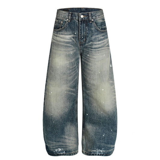 Washed Whisker Paint Splatter Curved Denim Jeans WN26141