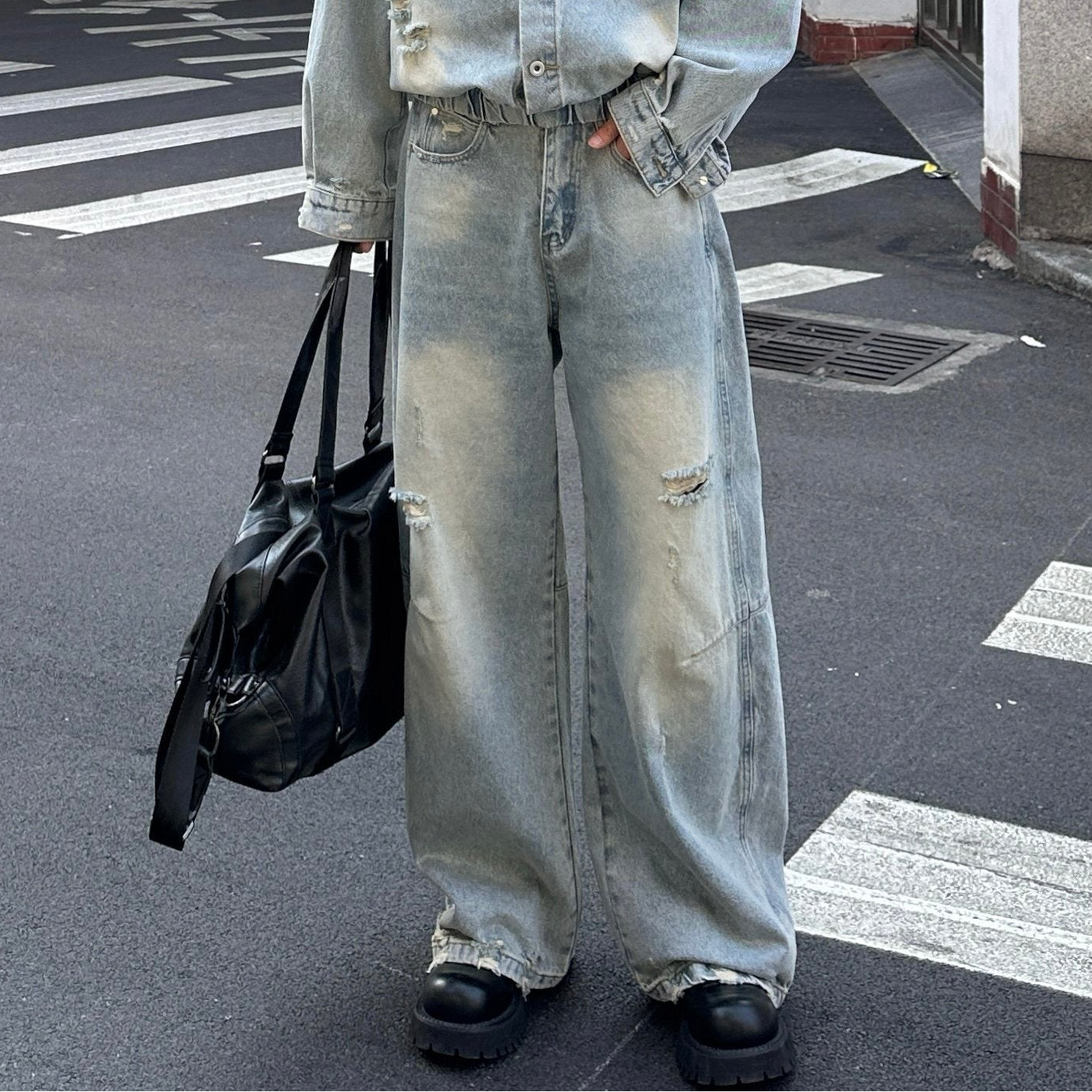 Damage Denim Jacket & Wide Leg Denim Jeans Setup WN25359