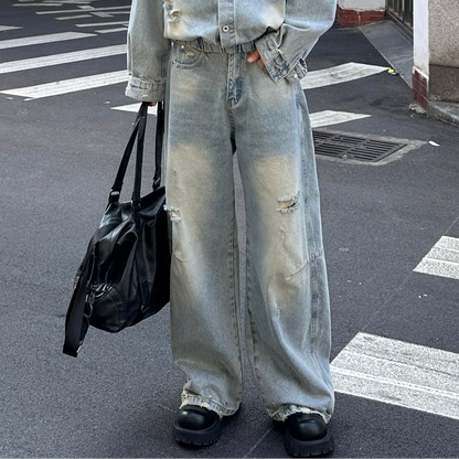 Damage Denim Jacket & Wide Leg Denim Jeans Setup WN25359