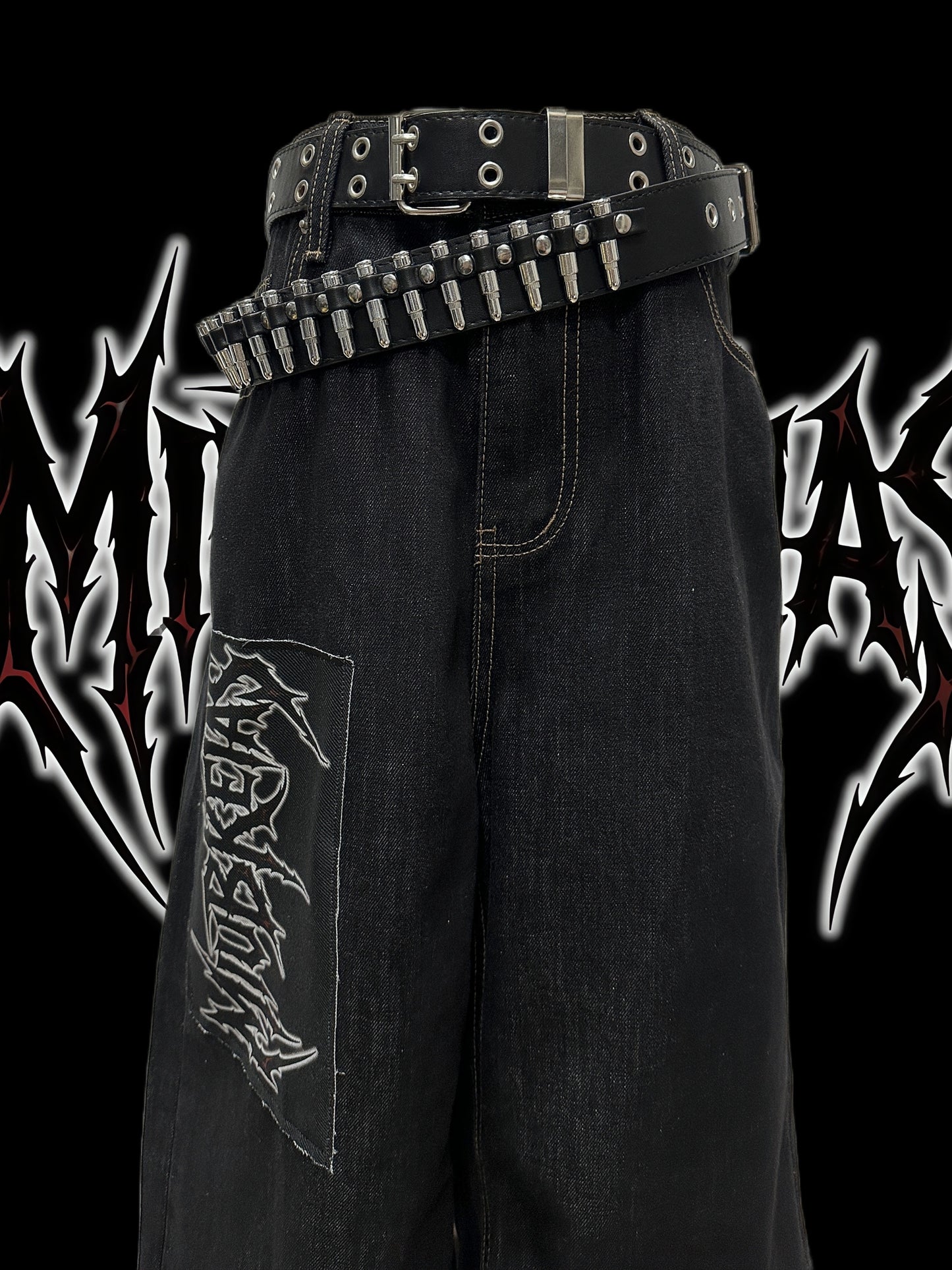 Graphic Letter Patchwork Wide Leg Denim Jeans & Belt & Chain WN20137