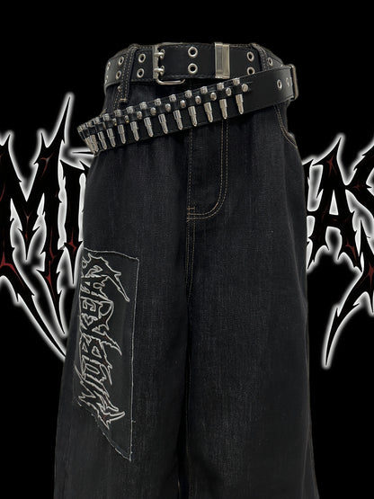 Graphic Letter Patchwork Wide Leg Denim Jeans & Belt & Chain WN20137