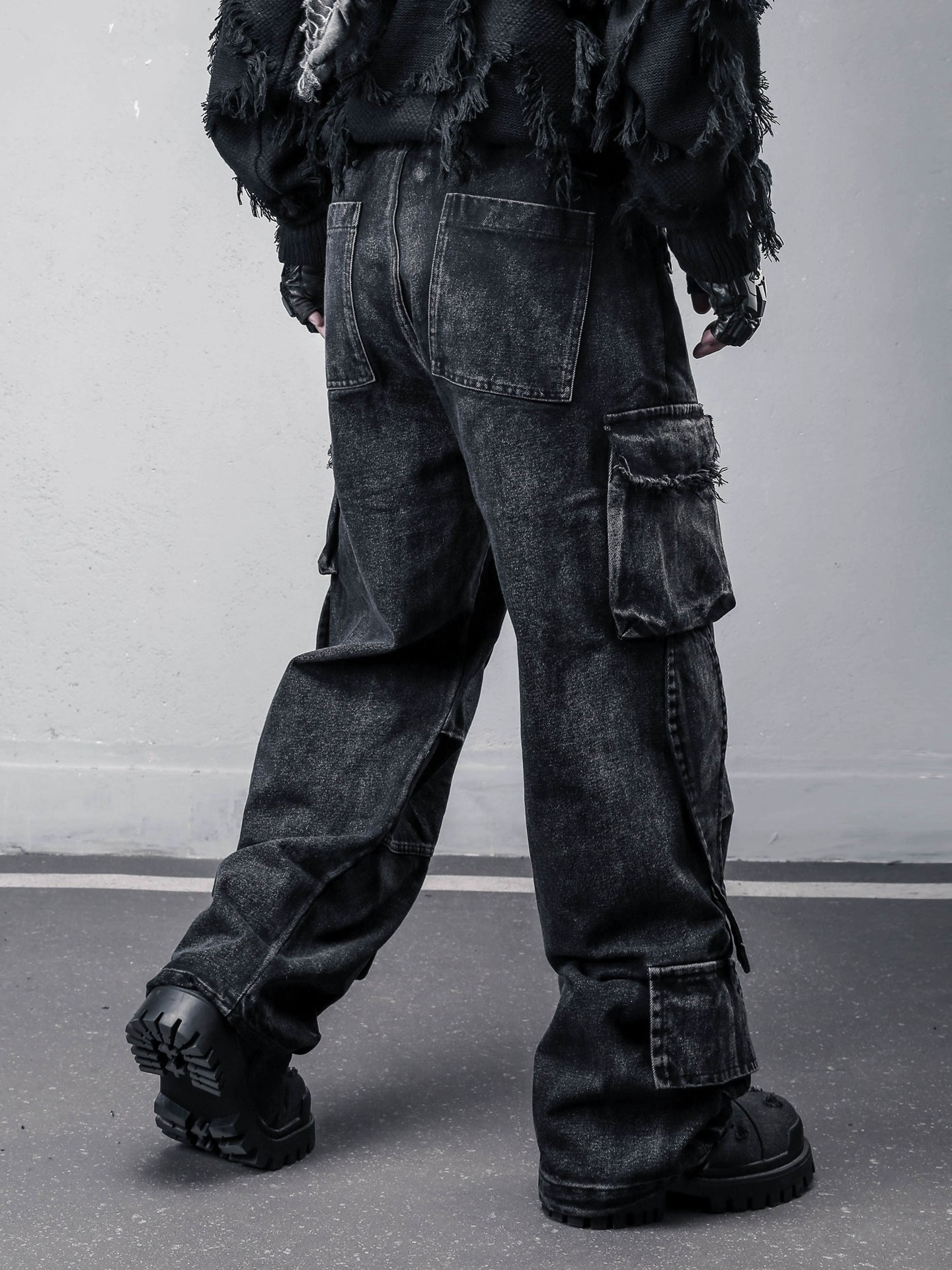 Multi Pocket Wash Damage Wide Leg Denim Jeans WN22388