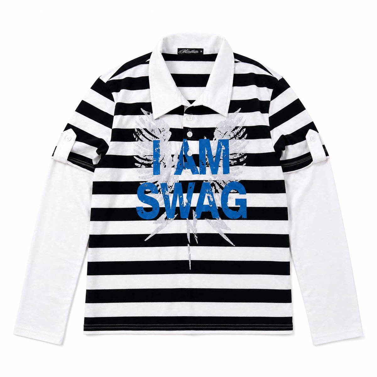 Fake Layered Stripe Logo Print Long Sleeve Polo Shirt WN27198