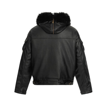 Hooded Fake Fur Collar PU Leather Jacket WN21885