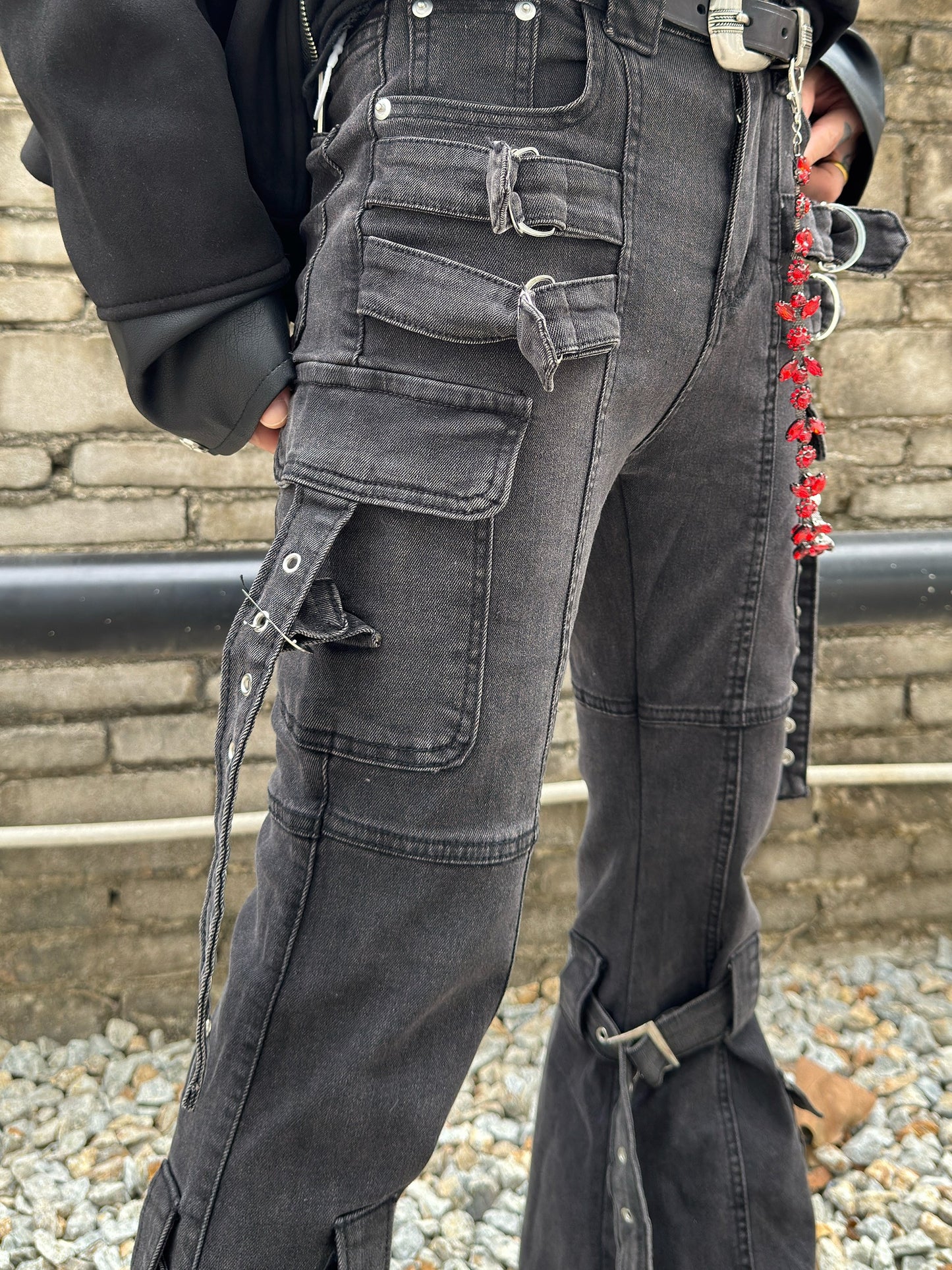 Strap Detail Washed Flare Denim Jeans WN22984