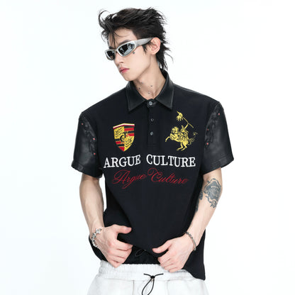 PU Leather Patchwork Embroidery Stud Short Sleeve T-Shirt WN26982