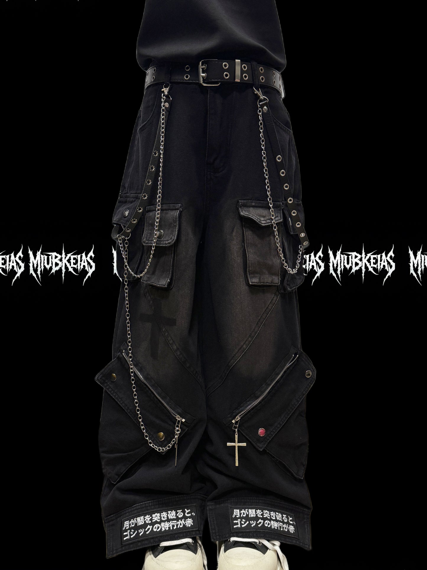 Chain Strap Pocket Letter Print Cargo Denim Jeans & Skull Belt & Belt Chain WN23783