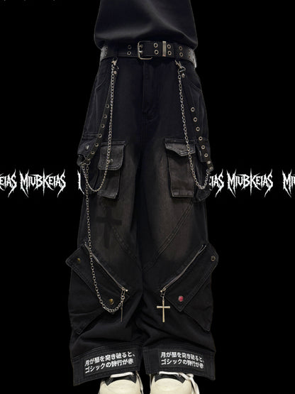 Chain Strap Pocket Letter Print Cargo Denim Jeans & Skull Belt & Belt Chain WN23783