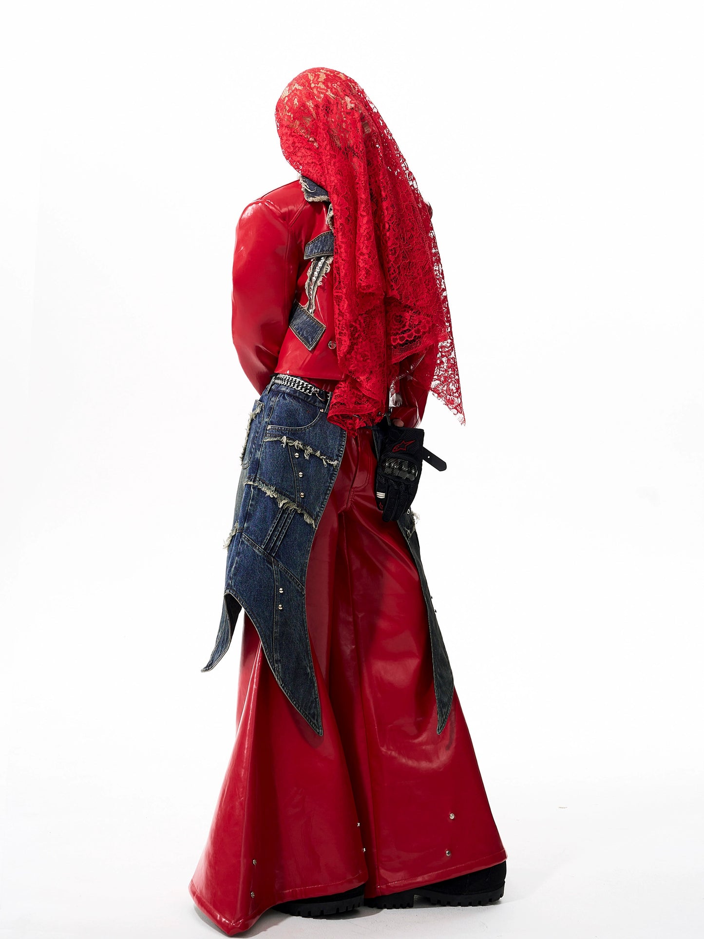 Studs Denim Mix PU Leather Jacket &  Flare PU Leather Pants Setup WN21761