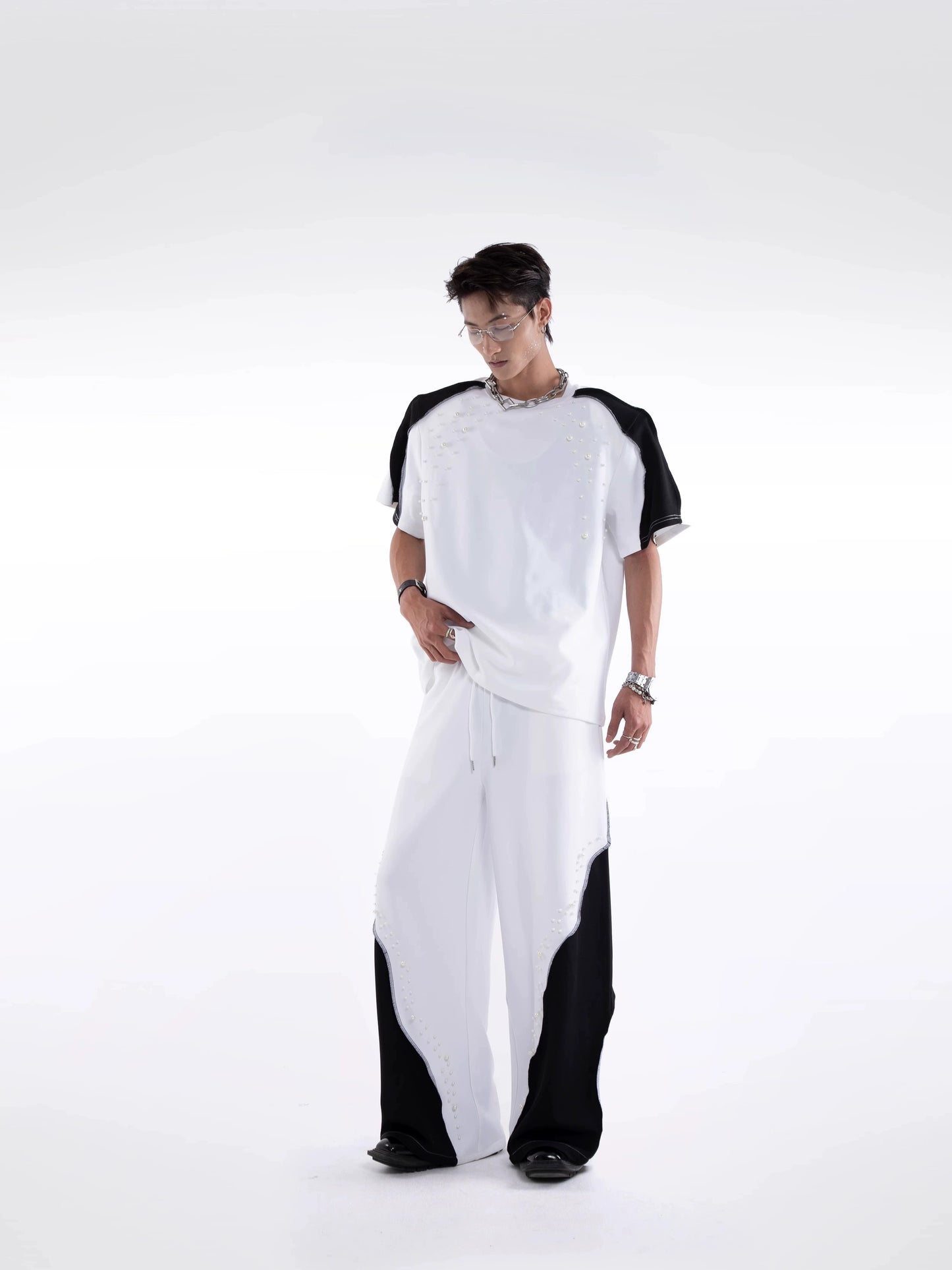 Beading Paint Shoulder-Pad Short Sleeve T-Shirt & Wide Leg Pants Setup WN20640