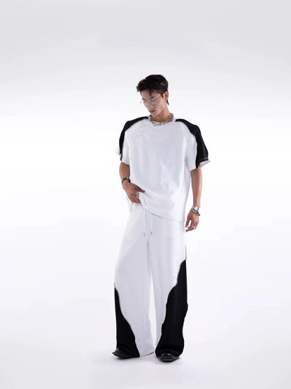Beading Paint Shoulder-Pad Short Sleeve T-Shirt & Wide Leg Pants Setup WN20640
