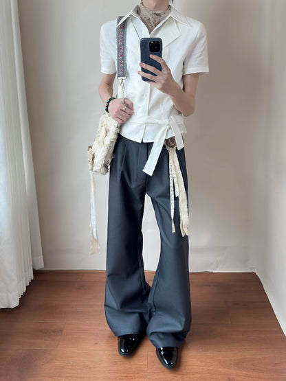 Fake Layered Embroidery Linen Waist-Tie Short Sleeve Shirt WN27030