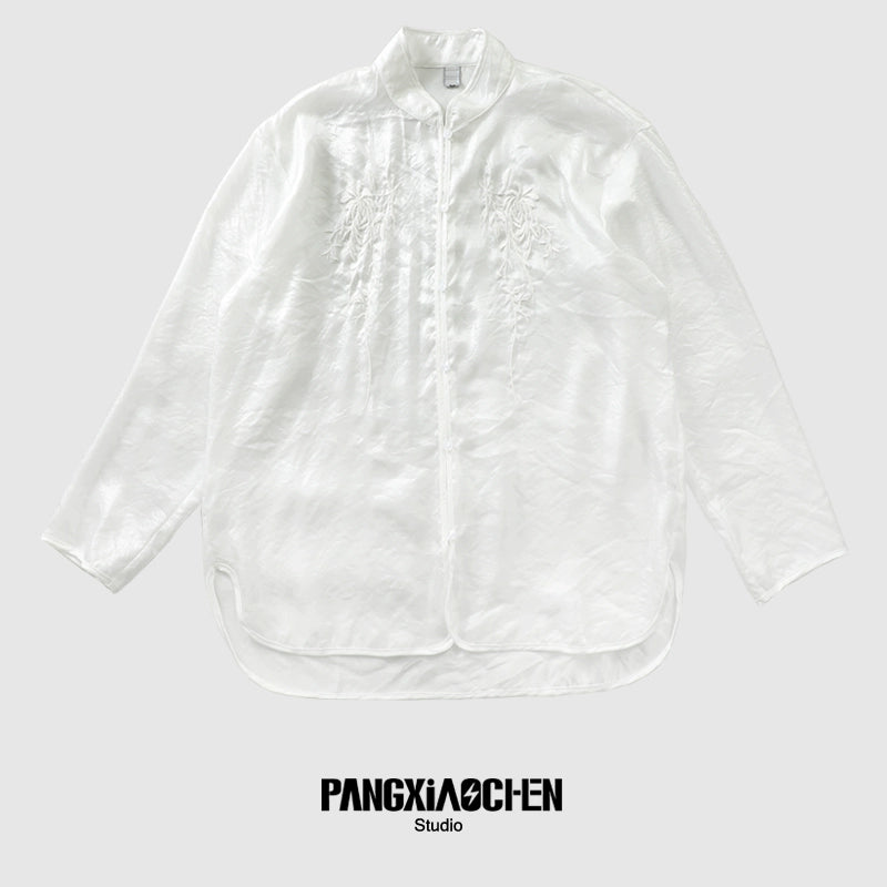 Organza Floral Embroidery Standing-Collar Long Sleeve Shirt WN20175