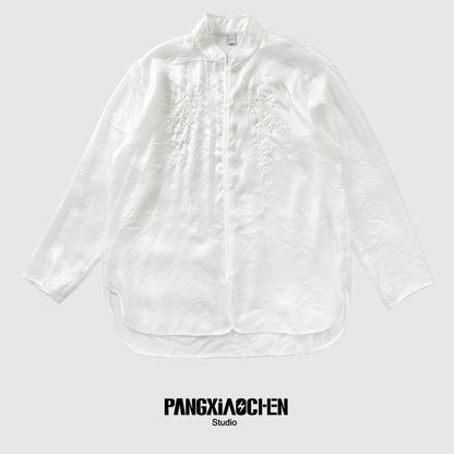 Organza Floral Embroidery Standing-Collar Long Sleeve Shirt WN20175