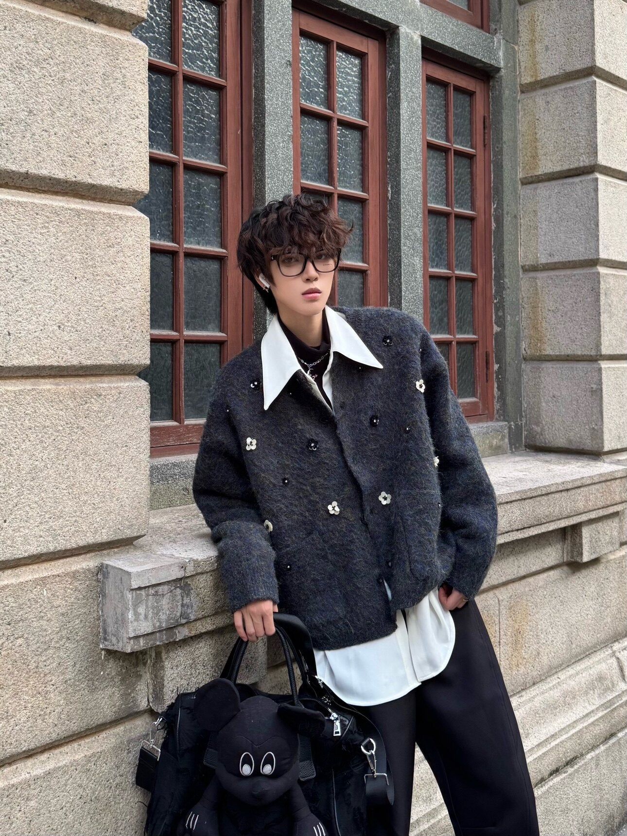 Hand-Beaded Flower Oversize Knit Cardigan WN23183