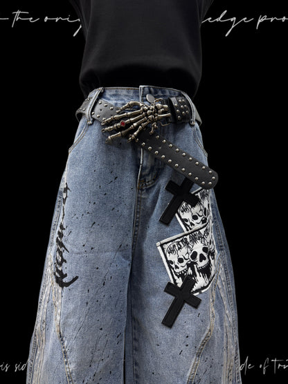 Cropped Paint Stripe Patch Wide Leg Denim Jeans & Skull Belt & Cross Belt & Belt Chain WN23833
