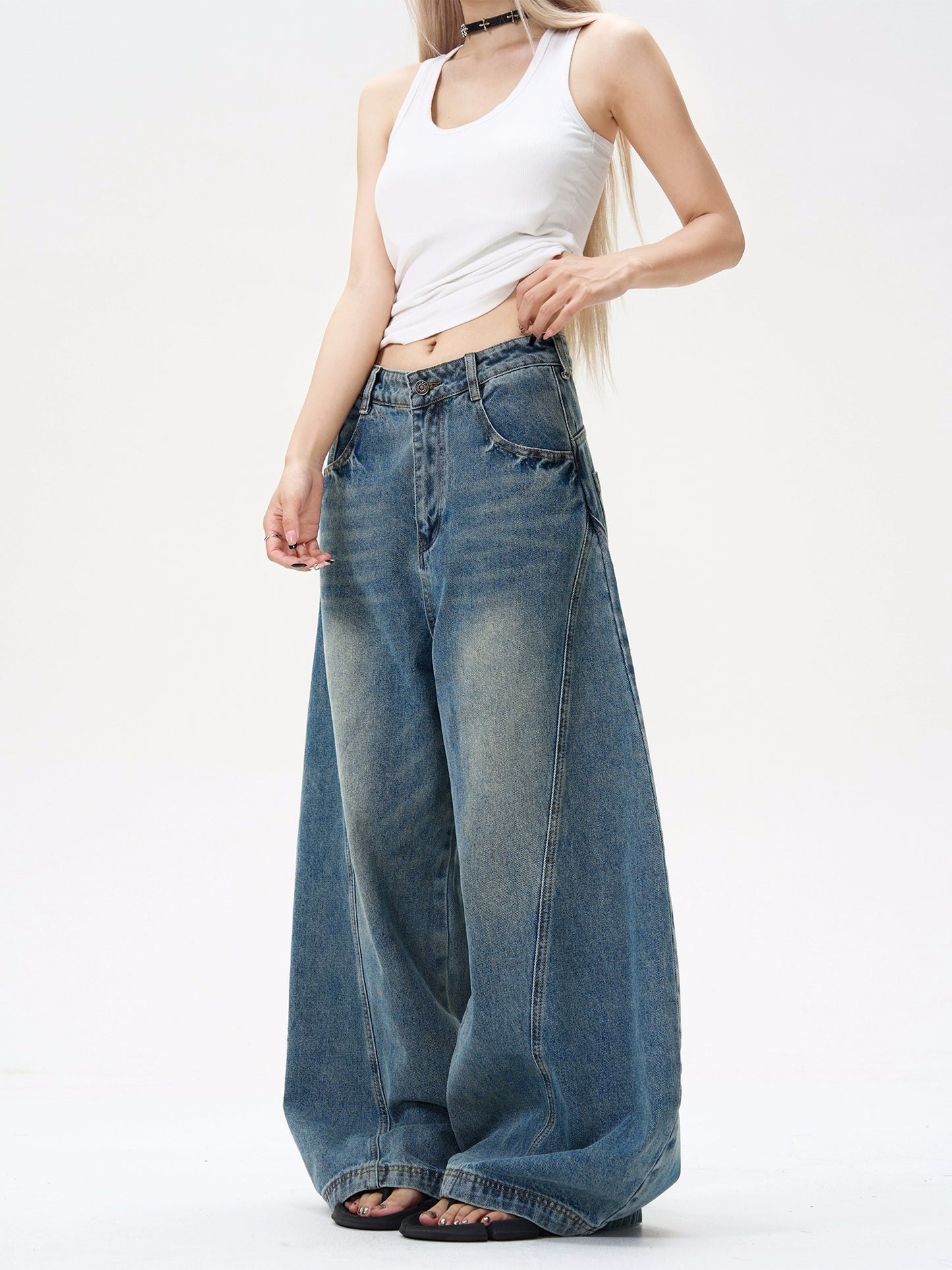 Washed Wide Leg Denim Jeans WN8450