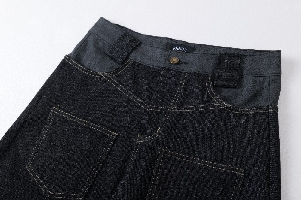 Flame Embroidery Wide Leg Raw Denim Jeans WN28071