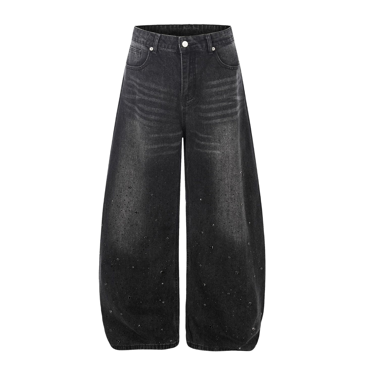 Washed Rhinestone Barrel Denim Jeans WN26102