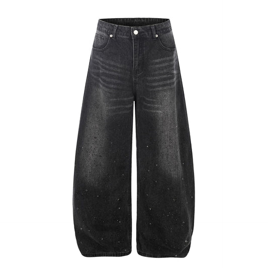 Washed Rhinestone Barrel Denim Jeans WN26102
