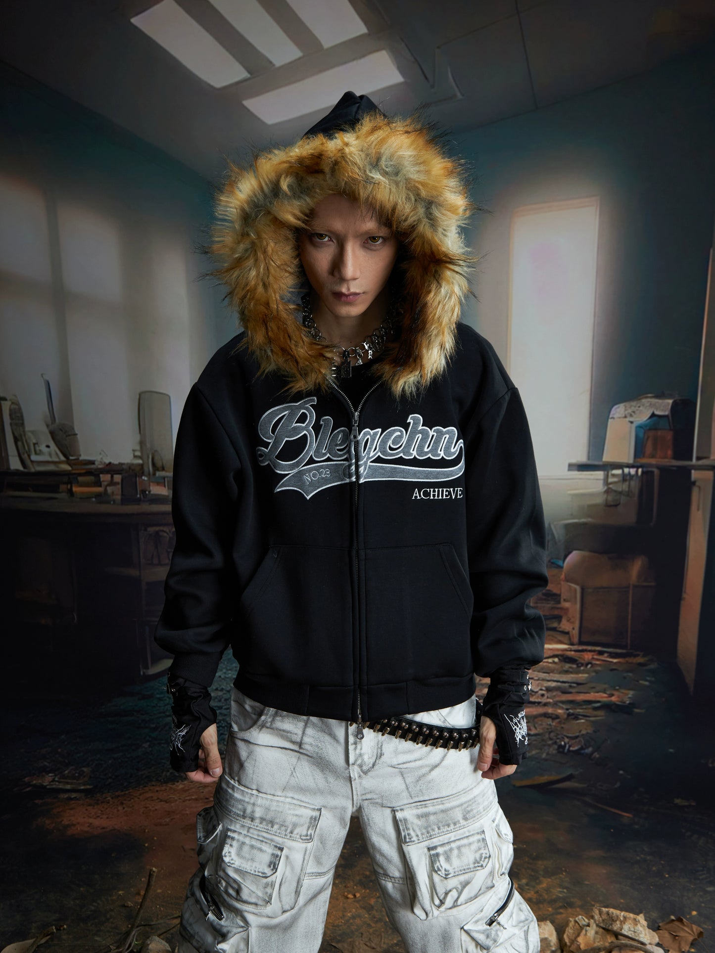 Fake Fur Design Embroidery Letter Oversize Zipper Hoodie WN20822