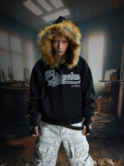 Fake Fur Design Embroidery Letter Oversize Zipper Hoodie WN20822