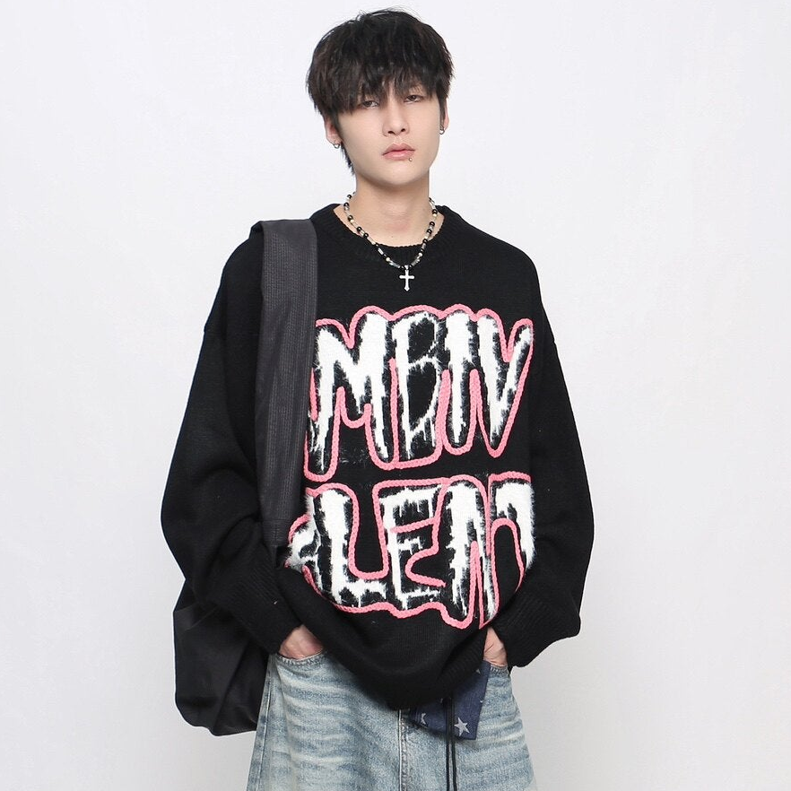 Oversize Damage Letter Graphic Print Knit Sweater WN24446