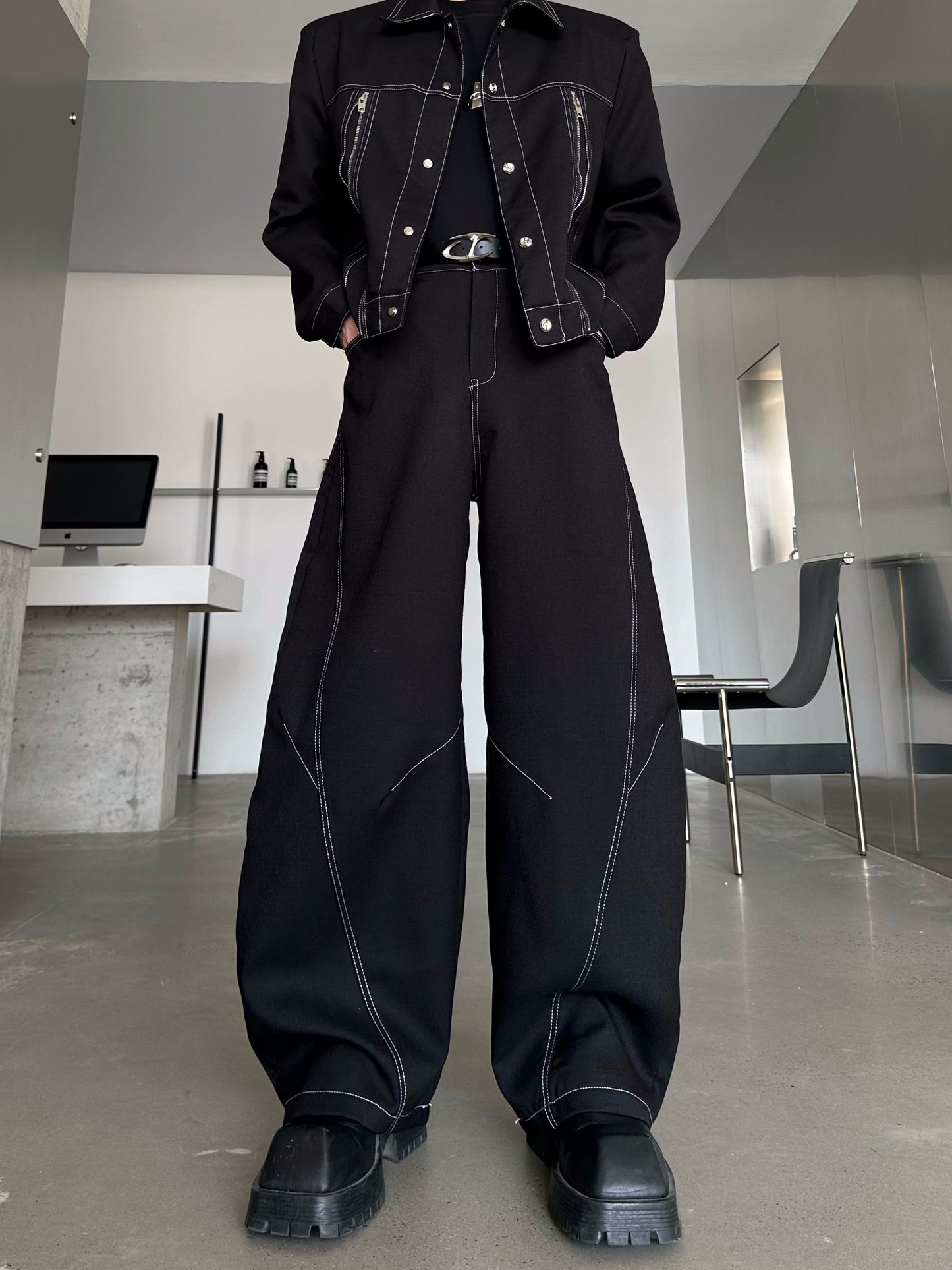 Zipper Design Jacket & Curved Wide Leg Pants Setup WN16769
