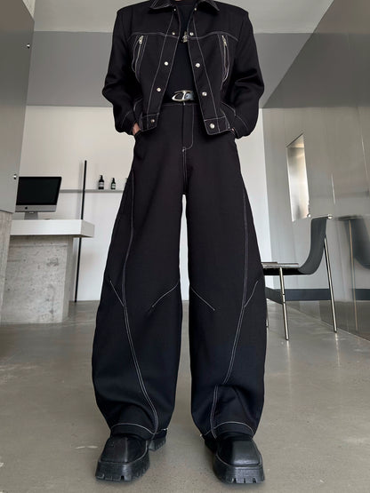 Zipper Design Jacket & Curved Wide Leg Pants Setup WN16769