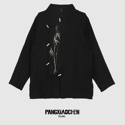 Standing-Collar Asymmetrical Embroidery Long Sleeve Shirt WN20153