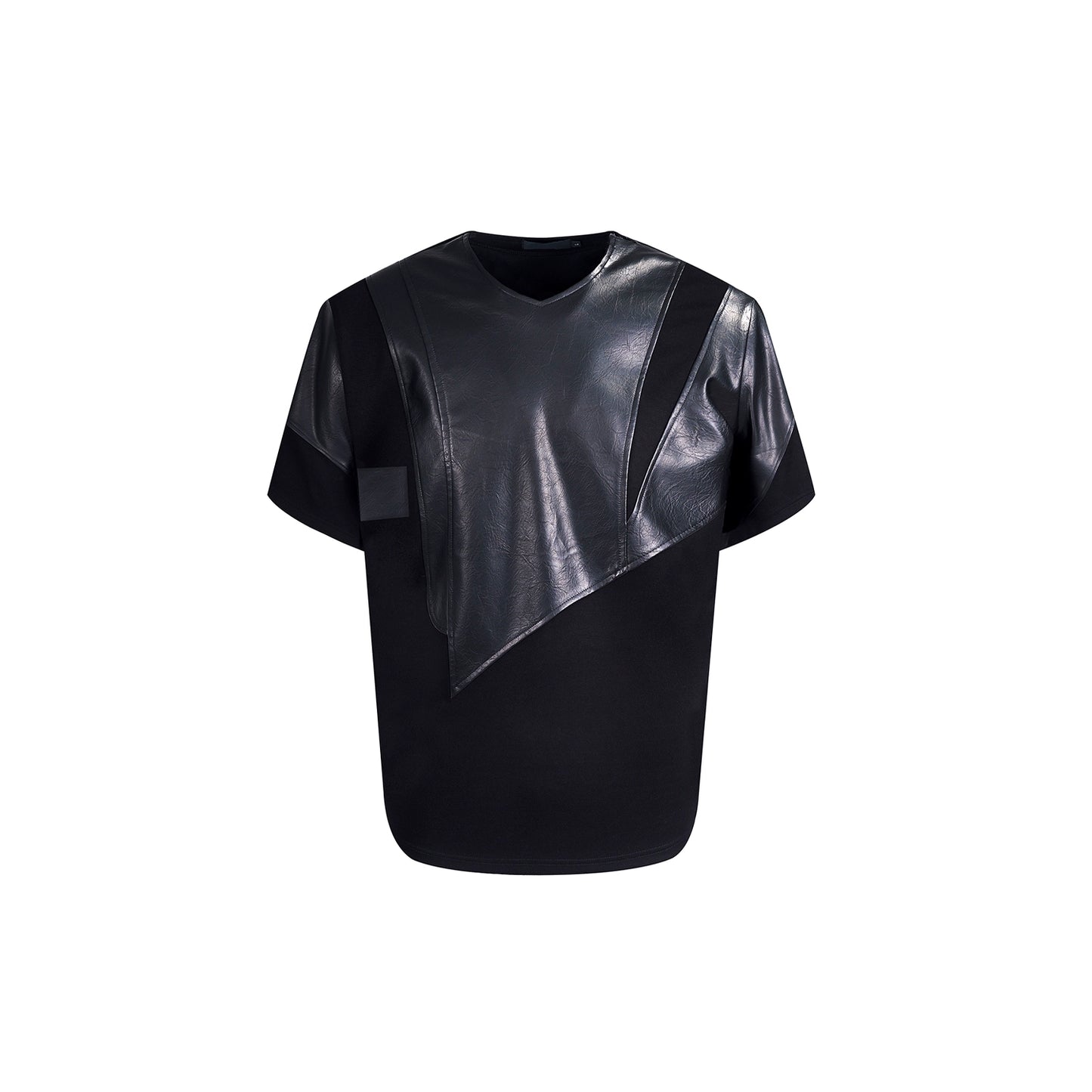 V-neck PU Leather Mix Short Sleeve T-shirt WN6862