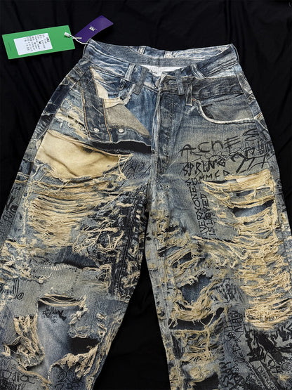 3D Graffiti Print Washed Wide Leg Denim Jeans WN18595