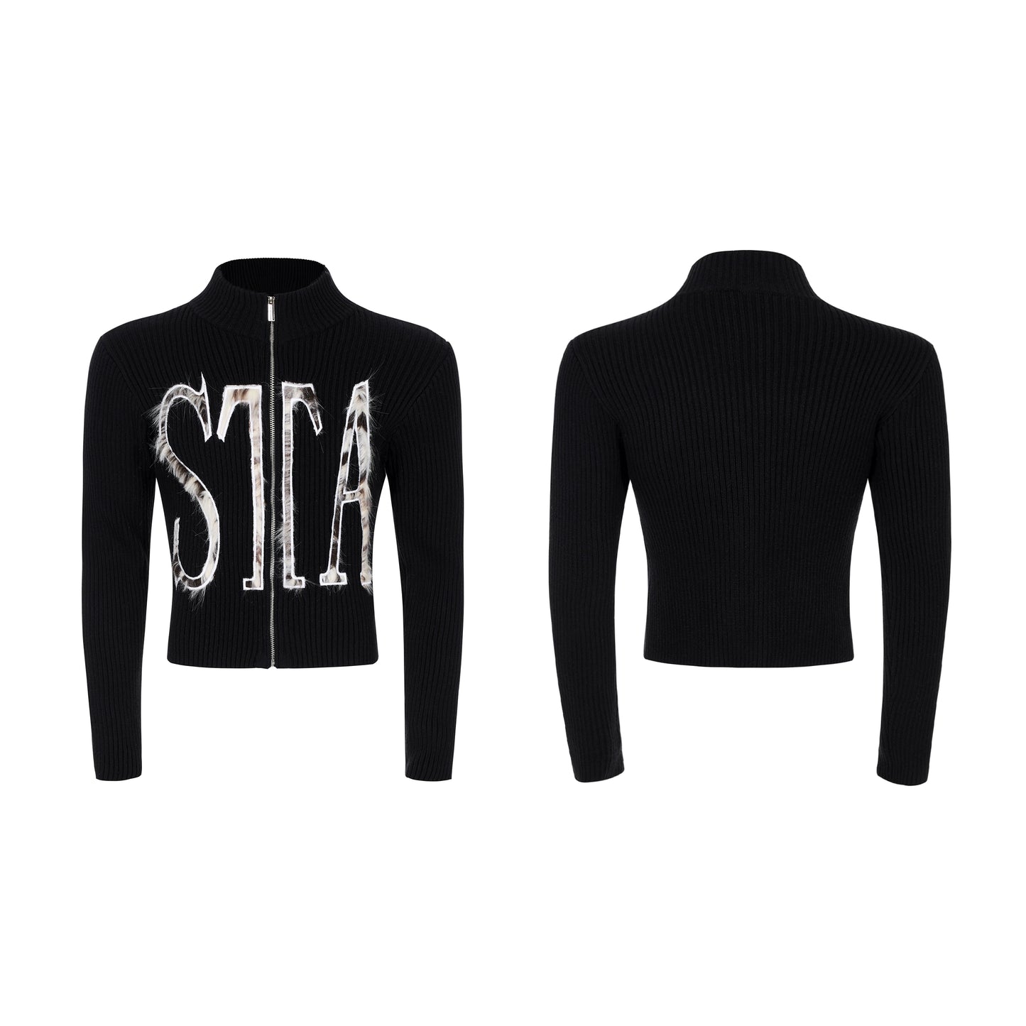 High-Neck Zipper Fake Fur Patch Slim Knit Cardigan WN22139