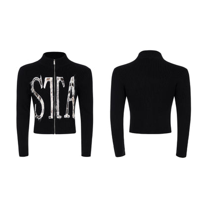 High-Neck Zipper Fake Fur Patch Slim Knit Cardigan WN22139