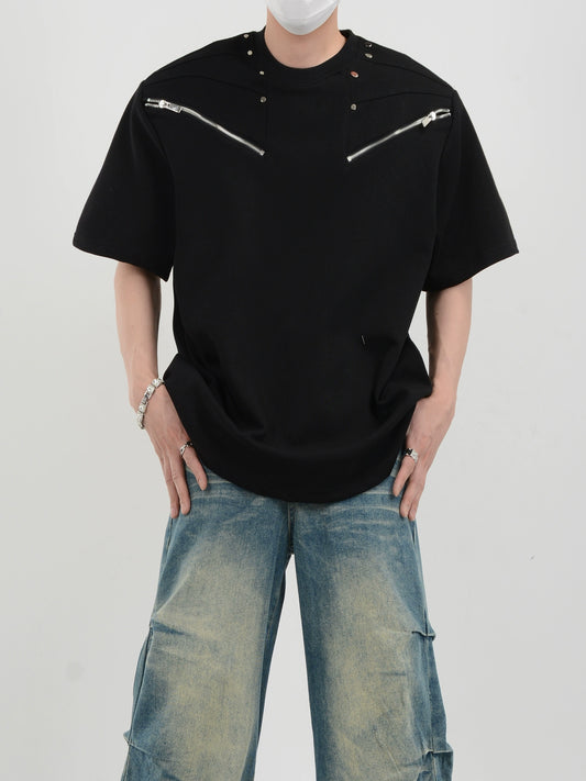 Metal Zipper Design Shoulder Pad Short Sleeve T-Shirt WN6081