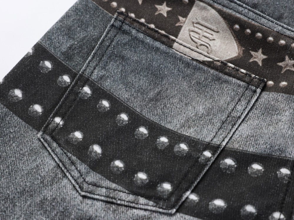 Studs Detail Washed Wide Leg Denim Jeans WN28036