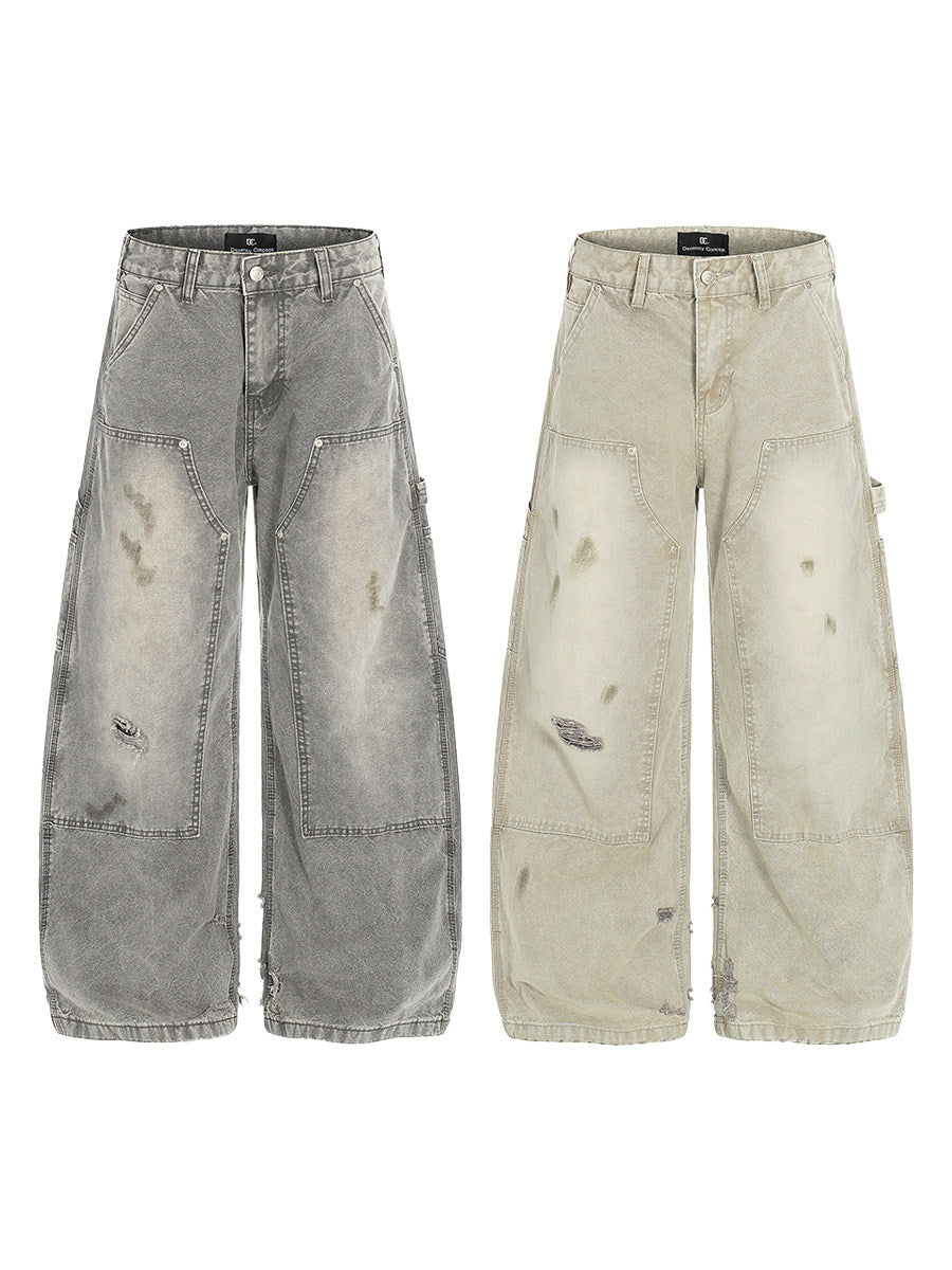 Damage Wash Pocket Wide Leg Cargo Denim Jeans WN24181