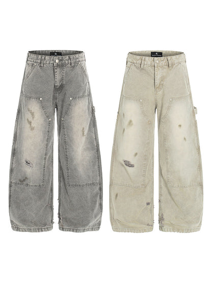 Damage Wash Pocket Wide Leg Cargo Denim Jeans WN24181