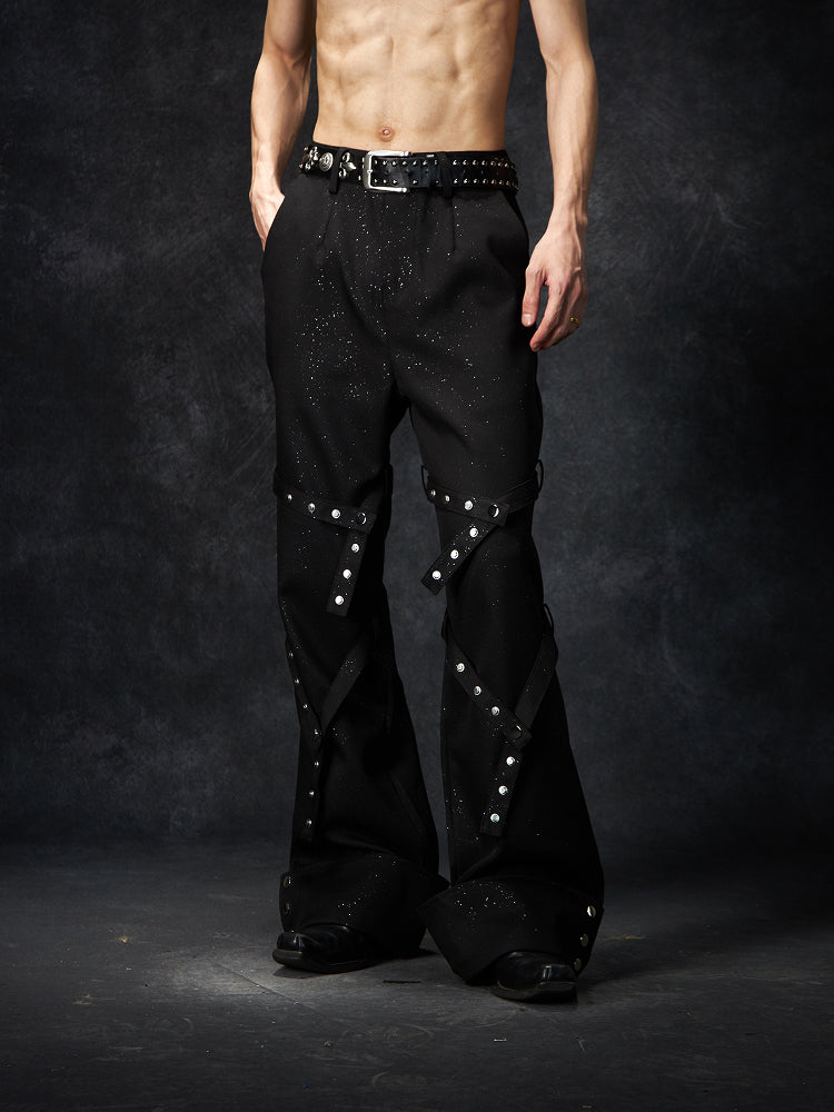 Detachable Studs Metal Strap Flare Trousers WN15231