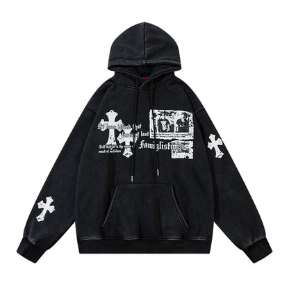 Washed Letter Print Fleece Lining Pullover Hoodie WN11498