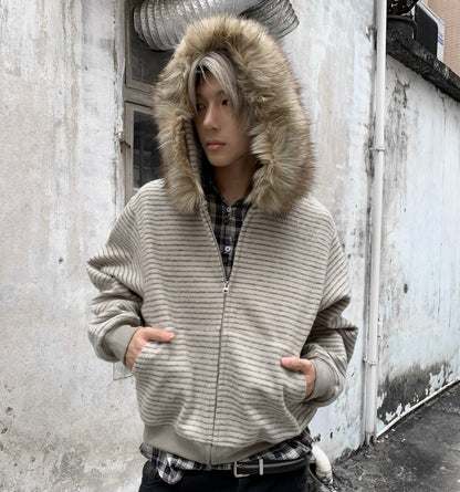 Stripe Detachable Hooded Zipper Jacket WN22224