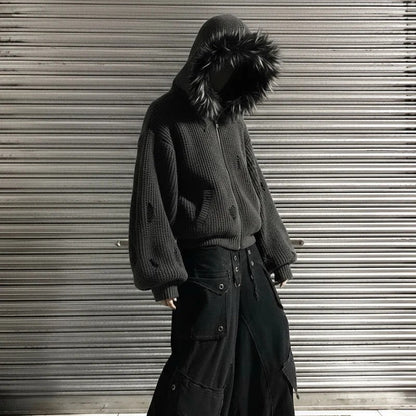 Fake Fur Collar Damage Zipper Knit Hoodie WN28100