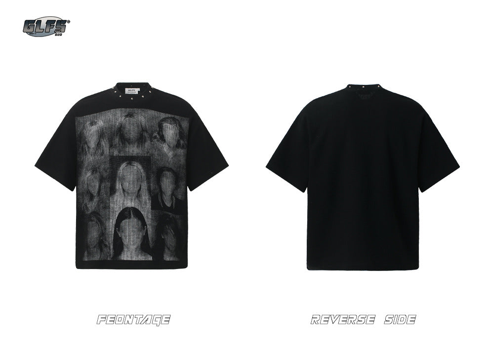 Studded Dark Portrait Graphic Waffle Oversize Short Sleeve T-Shirt WN26549