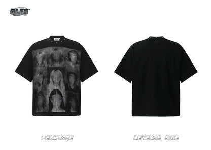 Studded Dark Portrait Graphic Waffle Oversize Short Sleeve T-Shirt WN26549