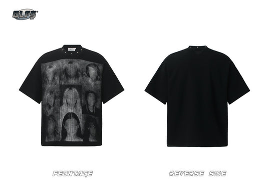 Studded Dark Portrait Graphic Waffle Oversize Short Sleeve T-Shirt WN26549